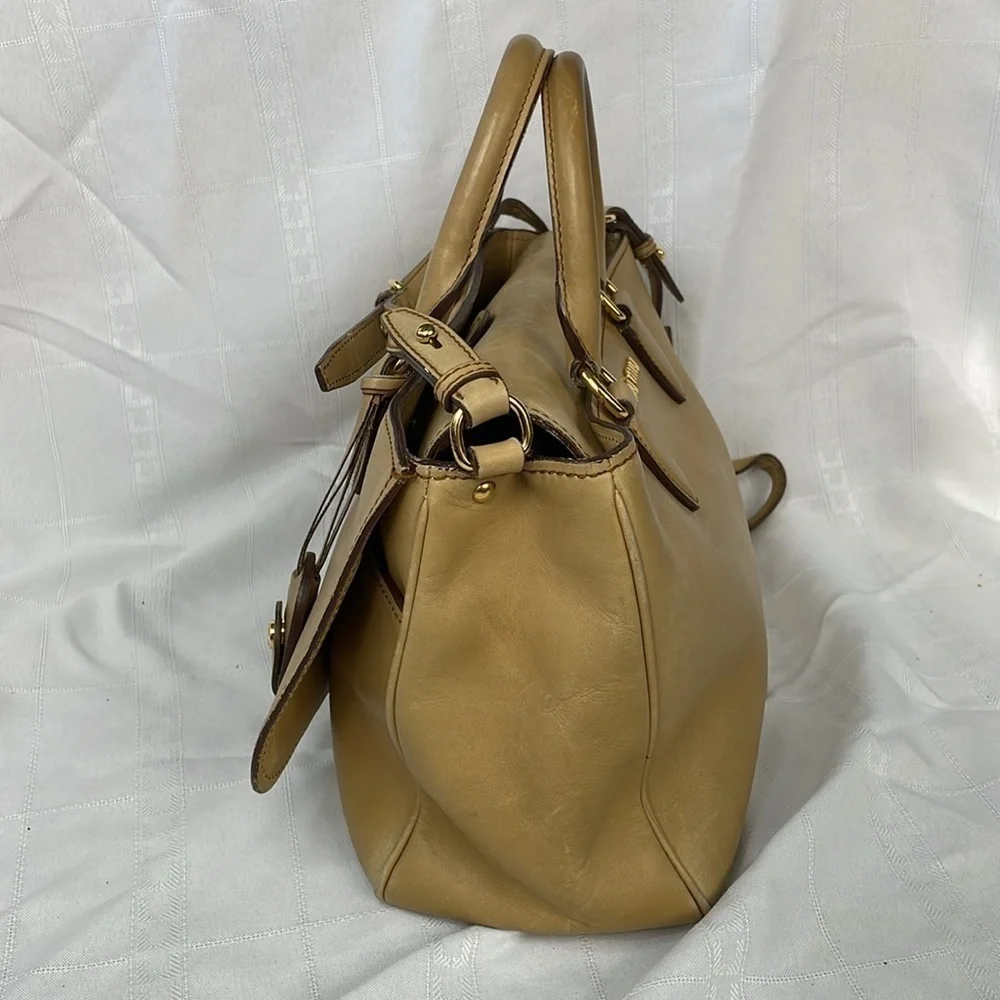 Miu Miu Vitello Leather Flap 2 Way Handbag Satchel Beige